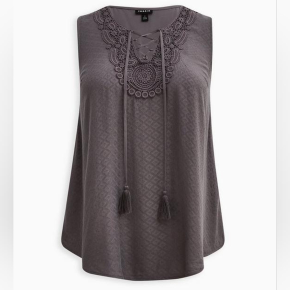 Torrid Textured Lace Trim Lace Up Sleeveless Grey Top - Picture 4 of 9